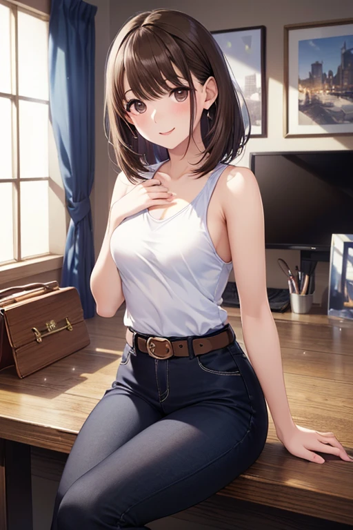 ((blush:1.2)), looks comfortable, 1 girl, riser, ((white shirt)), Breasts that don't sag, huge breasts, naughty big breasts, ((long and thin legs)), ((thin waist)), thighs, beret, denim shorts, Beautiful woman, cute face, Curvaceous