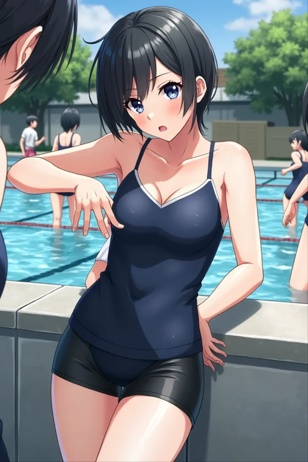 NSFW,((highest quality)), (masterpiece: 1.2), very detailed,(perfect and beautiful posture:1.2),(Solo,mature man),(short cut hair),(flat chest:1.4), ((confused and embarrassed and blush,cum:1.3)), shyness and crying:1.1, (Sweaty, sunburned skin:1.4), (tight Sports White bra, tight blue sporty lowrise swimming bottom:1.3),(erect nipples:0.3),navel out, (standing upright:1.3),pink heart shaped earrings and necklace,lips, steaming body, show teeth,midriff,outside, black long socks,skneakers,thick red lips,drooling,excessive cum,skinny,outdoor,navel out,((tight thighs,inner legs:1.1)),heavy breathing,looking at viewer,mouth open a little,(chubby),(in the crowded park,macho men surrounding her:1.3),Looking at viewer