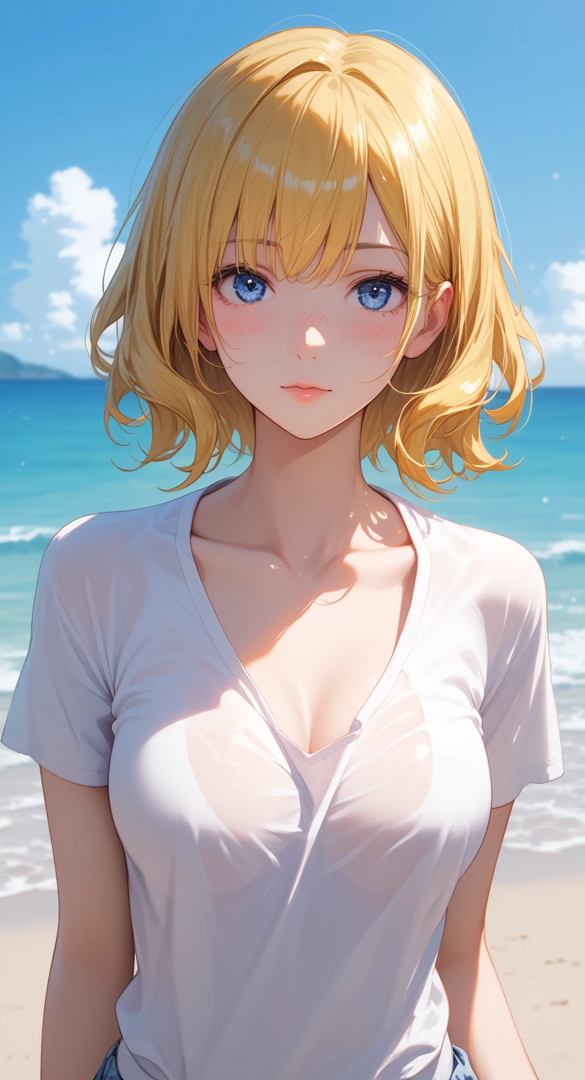  pelo rubio dorado, ojos verdes, piel oscura, mujer de piel oscura,  pechos grandes, Cold look, bikini blanco detallado, fondo una playa. rubia, cabello rubio brillante, corto, gotas de agua en su pecho. cuerpo mojado, 

