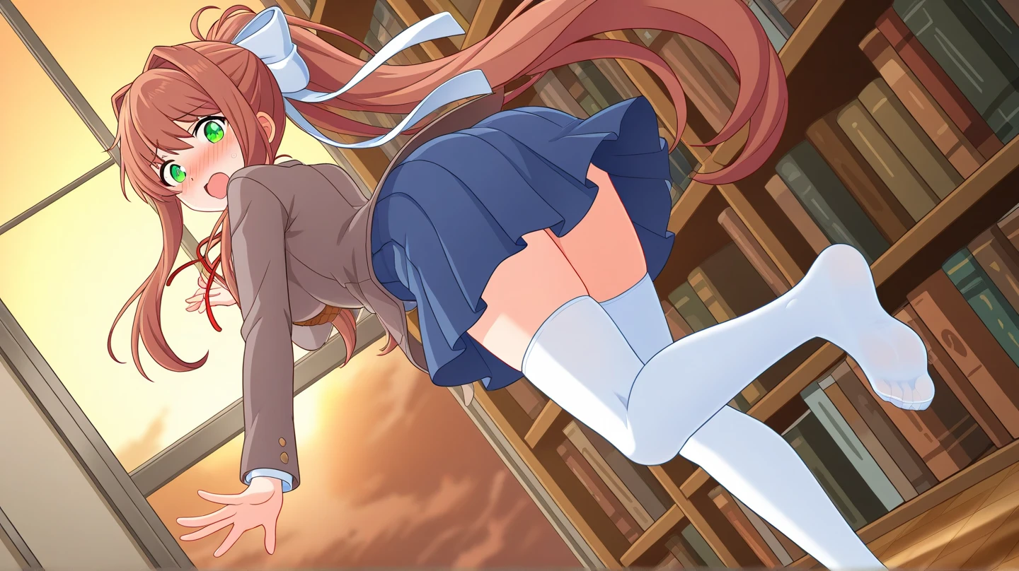 brown eyes,long hair,clover hair ornament,ahoge,blue jacket,white dress, long sleeves,green bow, black thighhighs,sneakers,amamiya mimori,dress lift, panties,indoor,slender legs,flustration,shadow, befind wall,((doggystyle sex)),boy grabbing hip, penis,hand on wall,press penis to hip,on back, knees up,