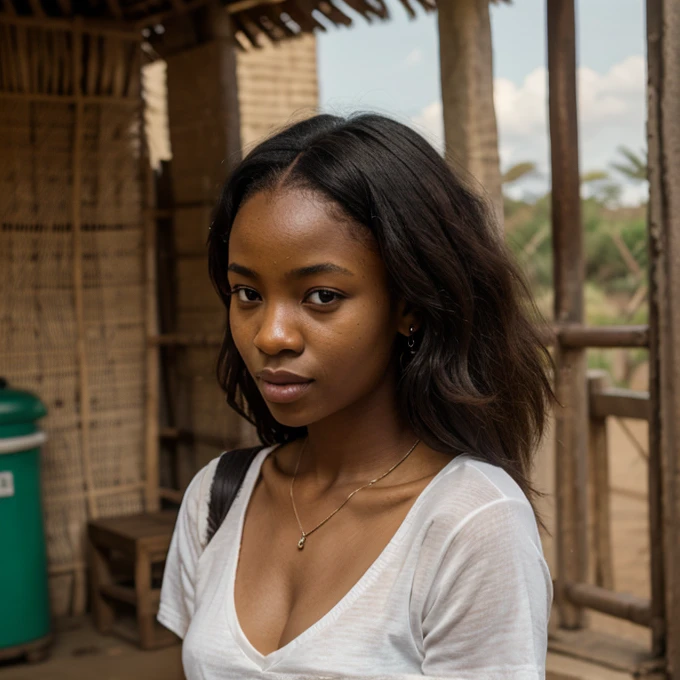 Young woman of African origin in a typical African setting, smiling happily at the camera, com pessoas locais ao redor, everyone looking at the camera. Highly realistic representation