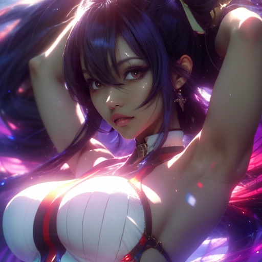 Shogun Raiden (Genshin Impact), peitos e mamilos grandes, bra and panties, olhos roxos orientais, agachada, cabelos longos e roxo, voluptuosa, vagina exposta.