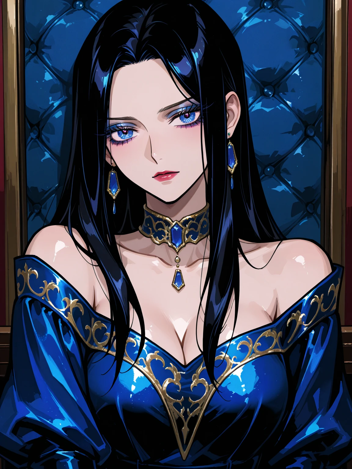 pale skin, violet eyes, perfect skin, fair skin, (solo), long silky black hair, makeup, create an image of a fantasy character wearing a fantasy robe, Medium breasts:1.2, (Compressed chest:1.3), necklace, character in the middle, standing, (well-proportioned curves)