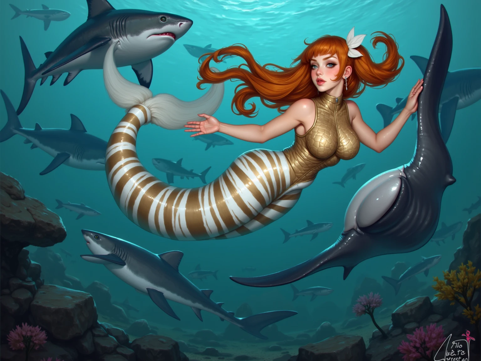 one would be with a focus on the face, red hair, on the background of the blue sea, with pink octopus, blue shark and colorful seaweed.