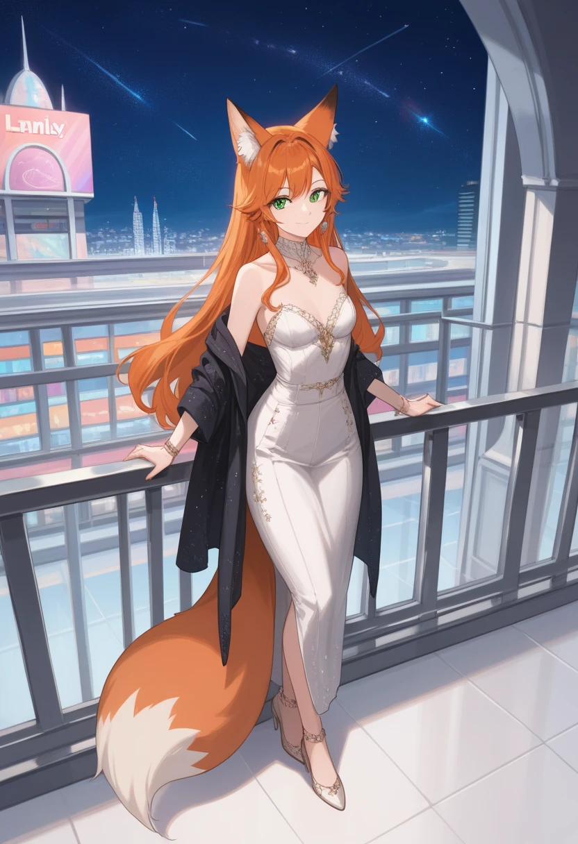 Young sexy drunk woman with a super sexy and thin body and skinny legs and thick hips gigantic giggling boobies fox ears nine long sleek thin fox tails and long flowing orange hair in a long thin sleek white dress that is super loose around her boobies so she lets them hang out of it standing up and posing and drinking red wine on Tokyo main street at night