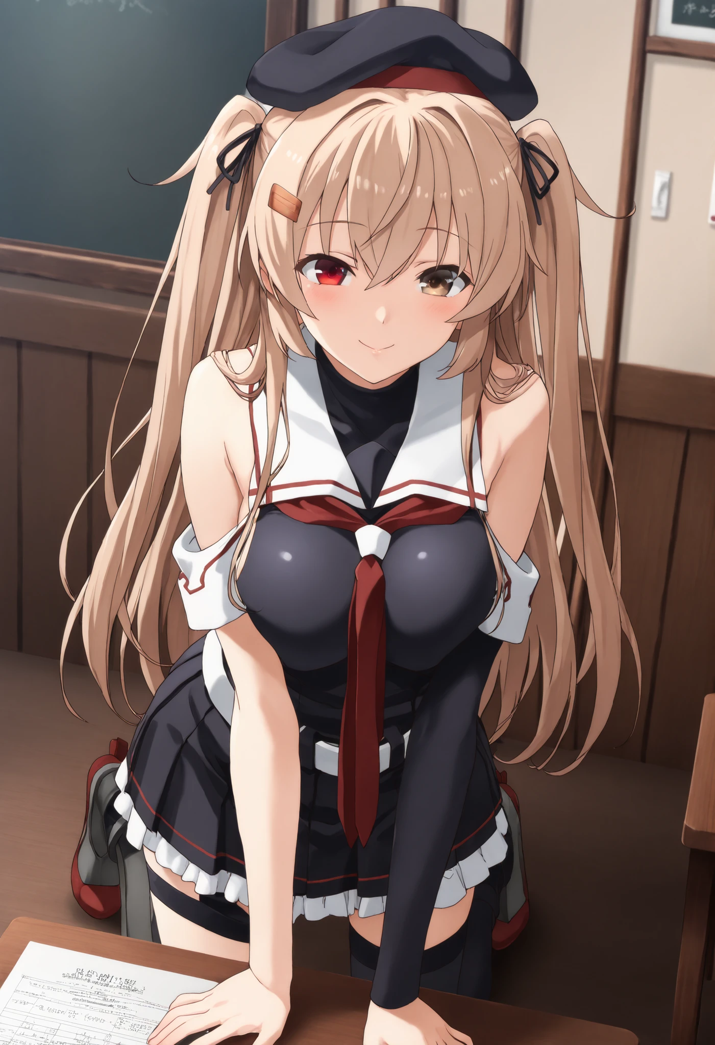 Murasame (KANCOLLE)、(Murayama Nikkantai collection), , score_9, score_8, score_7, source_anime, game CG ,masterpiece, Highest Quality, nsfw, masterpiece,Highest Quality,great quality,very aesthetic, light brown hair, 1 girl, solo, long hair, chest,hair ornament, , Red right eye, Brown Left Eye,Radiant Eyes, ribbon, uniform, hair ribbon, pleated skirt, sailor suit, hair clip, black thigh high socks, transparent ear covers, black skirt, two side up, heterochromia, Frilled Skirt, hair flap, Red Neckerchief, Asymmetrical Legwear, black sailor suit, uneven leg attire, asymmetrical clothes, white belt,black headwear,heterochromia, beret,sailor collar,bare shoulders,Inside is black,, classroom background, Big Breasts, slender body, full body shape , smile