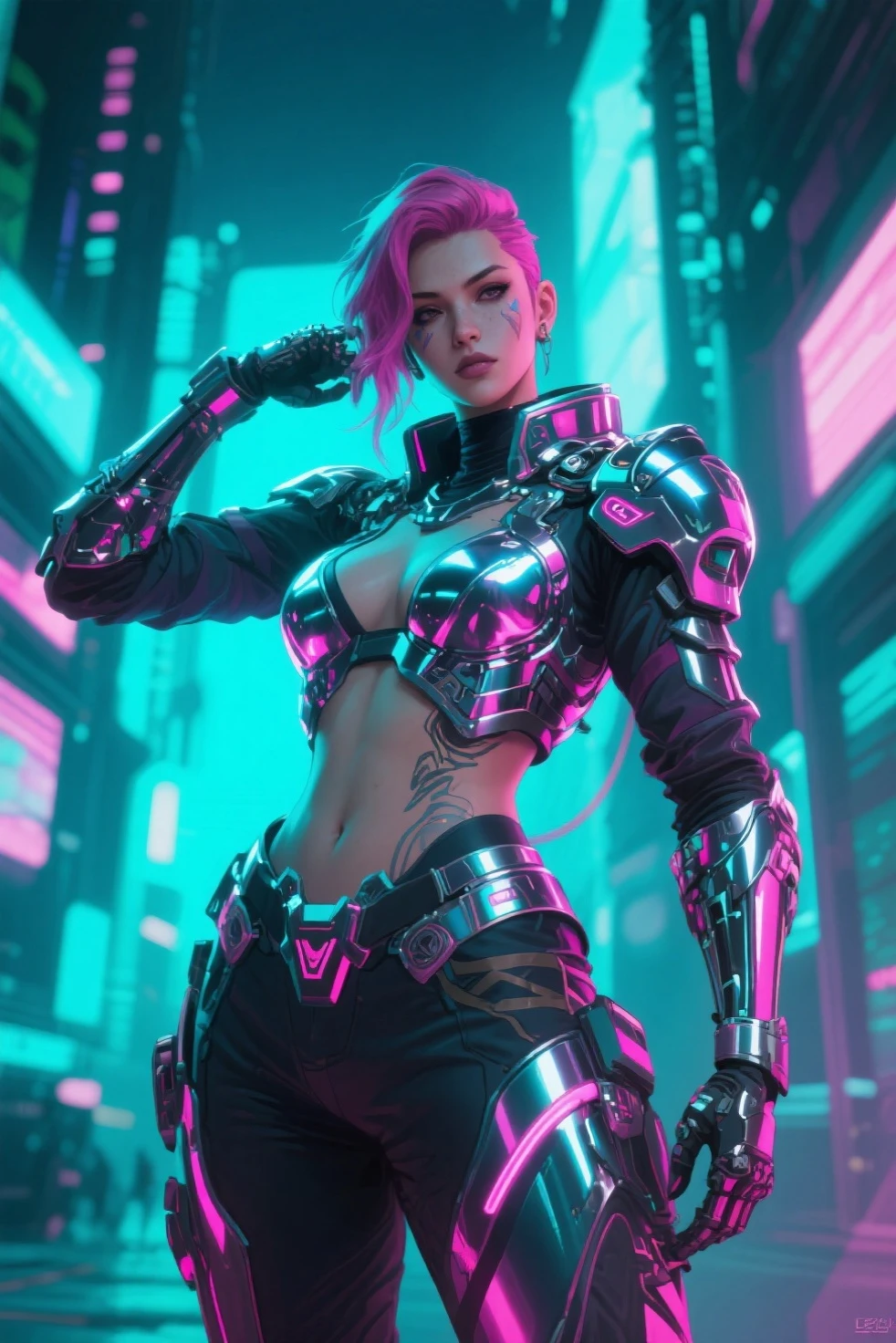 ((Best quality)), ((masterpiece)), (detailed:1.4), 3D, an image of a beautiful cyberpunk female,HDR (High Dynamic Range),Ray Tracing,NVIDIA RTX,Super-Resolution,Unreal 5,Subsurface scattering,PBR Texturing,Post-processing,Anisotropic Filtering,Depth-of-field,Maximum clarity and sharpness,Multi-layered textures,Albedo and Specular maps,Surface shading,Accurate simulation of light-material interaction,Perfect proportions,Octane Render,Two-tone lighting,Wide aperture,Low ISO,White balance,Rule of thirds,8K RAW,