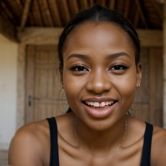fille africaine noire ado , cheveux tresses africaines, souriante, en fond une foret sombre, soleil couchant, minijupe écossaise, chemise blanche, petit seins