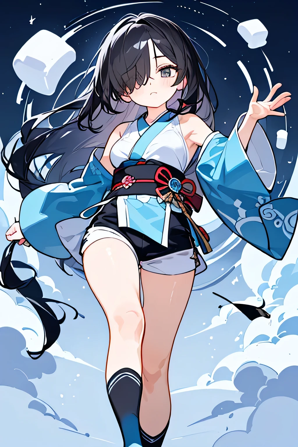NINJA WIND,((Hair covering one eye)),mystical atmosphere, natural body,(Long-sleeved kimono+sleeveless+shorts=Light blue ninja costume,), socks,detailed clothes,(slender figure,marshmallow breasts ,),beautiful black hair,well-groomed face,clear skin,Fair skin,Japanese face,