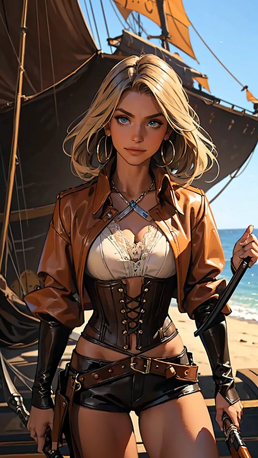 (masterpiece), best quality, expressive eyes, perfect face, (pirate ship background), (standing), (smirk), (closeup view), (1girl,skin,glossy skin, hourglass figure, thin body, skinny body, petite_body, medium breasts, thick thighs, long fingernails, hoop earrings, white front lace blouse, long sleeve, loose fit, black leather corset, brown leather shorts, brown boots, sheathed cutlass sword, flintlock pistol in holster, hoop earrings, miscellaneous jewelry) thong straps, (masterpiece), (high quality), (8k resolution), (RAW photo), (best quality), (masterpiece:1.5), (realistic:1.5), ((photo realistic)), vibrant details, hyper realistic,1girl, (cute:1.2), beautiful, high-quality and detailed face, perfect face, rosy cheeks, detailed eyes, colorful eyes,(watery eyes), slim body, looking at viewer, closed mouth, real human skin, shiny skin, large breasts, sitting, bed, loose lingerie, sexy pose, sexy, alluring, sexy posture, small hip, nsfw, (blonde hair, boho bob, long bob)