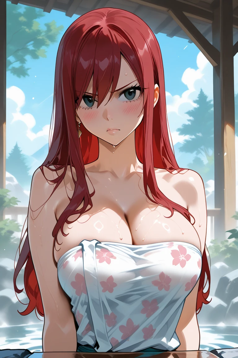 (high quality,Very detailed:1.37, High resolution), Woman, Erza, animerza, red hair, navel, flame pants, collarbone, bare shoulders, cleavage, hair over one eye, large breasts, long hair, bandages, chest sarashi, white ribbon, beach, looking at viewer, brown eyes, ponytail, masterpiece, best quality, (wetting herself:1.5), (embarrassed:1.5), (humiliation:1.5), (sweating:1.25), (blushing:1.5), standing