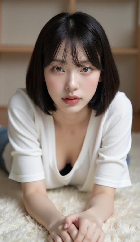 (best quality,8k,32k,masterpiece:1.2),photo of a pretty Japanese woman with large breasts and very short bob hair, focusing on her upper body and face, wearing an oversized sweater and a necklace, with a simple background, captured from an above angle.