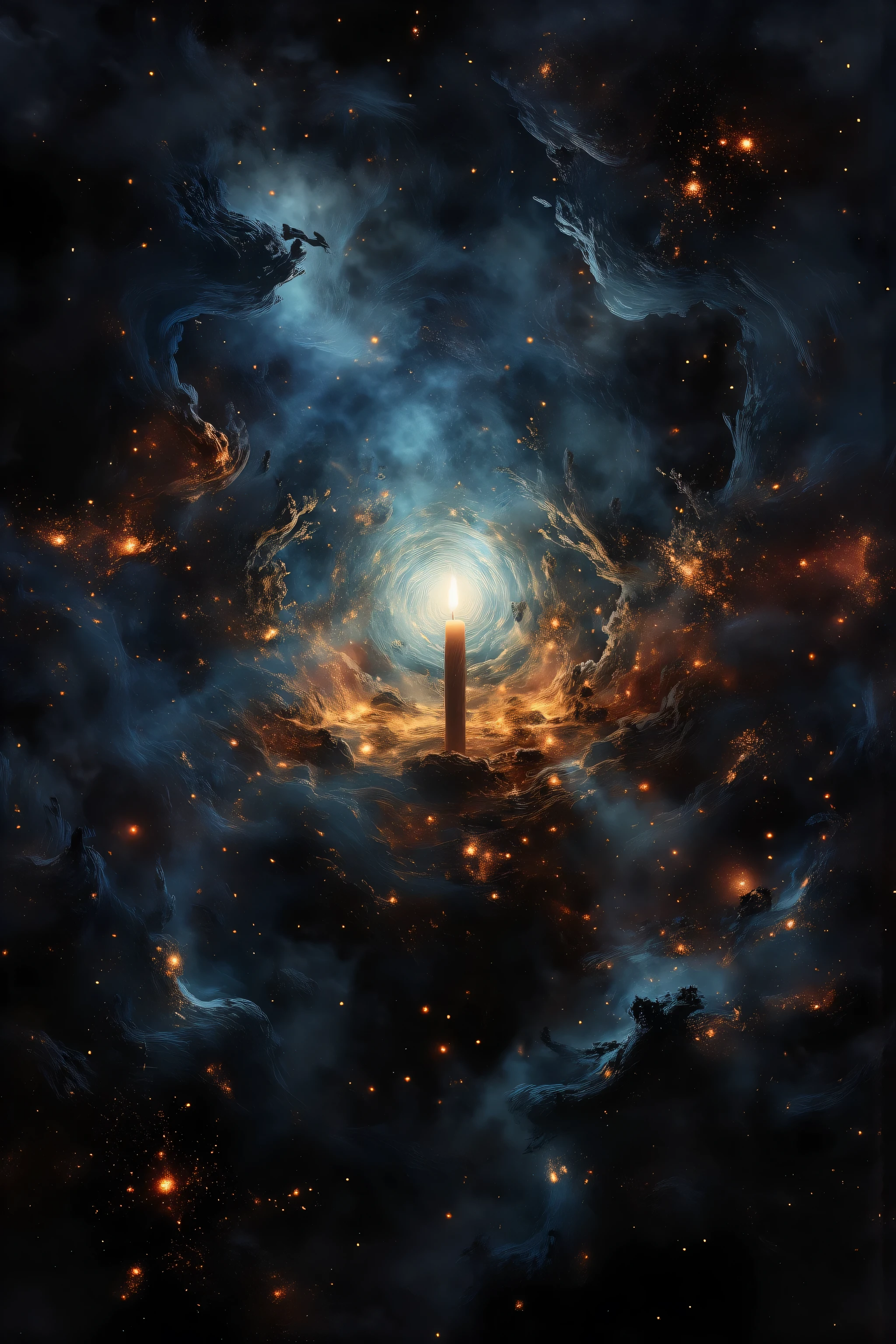 Autumn dreams, night, representation of solitude, a solitary candle, abstract, sci fi, realistic, abstract and concrete concepts coincide, words are not enough, sfw, sadness, relaxing ambience, Light and Shadow