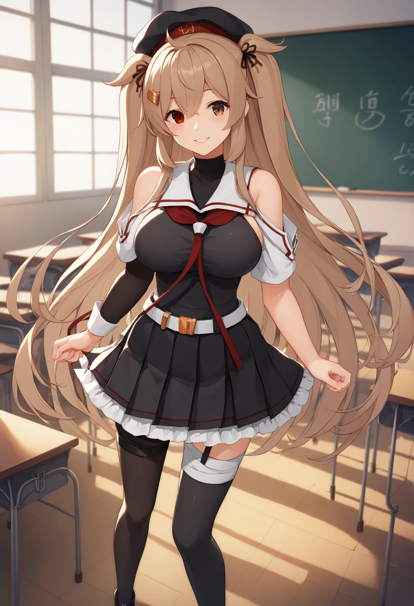 Murasame (KANCOLLE)、(Murayama Nikkantai collection), , score_9, score_8, score_7, source_anime, game CG ,masterpiece, Highest Quality, nsfw, masterpiece,Highest Quality,great quality,very aesthetic, light brown hair, 1 girl, solo, long hair, chest,hair ornament, , Red right eye, Brown Left Eye,Radiant Eyes, ribbon, uniform, hair ribbon, pleated skirt, sailor suit, hair clip, black thigh high socks, transparent ear covers, black skirt, two side up, heterochromia, Frilled Skirt, hair flap, Red Neckerchief, Asymmetrical Legwear, black sailor suit, uneven leg attire, asymmetrical clothes, white belt,black headwear,heterochromia, beret,sailor collar,bare shoulders,Inside is black,, classroom background, Big Breasts, slender body, full body shape , smile