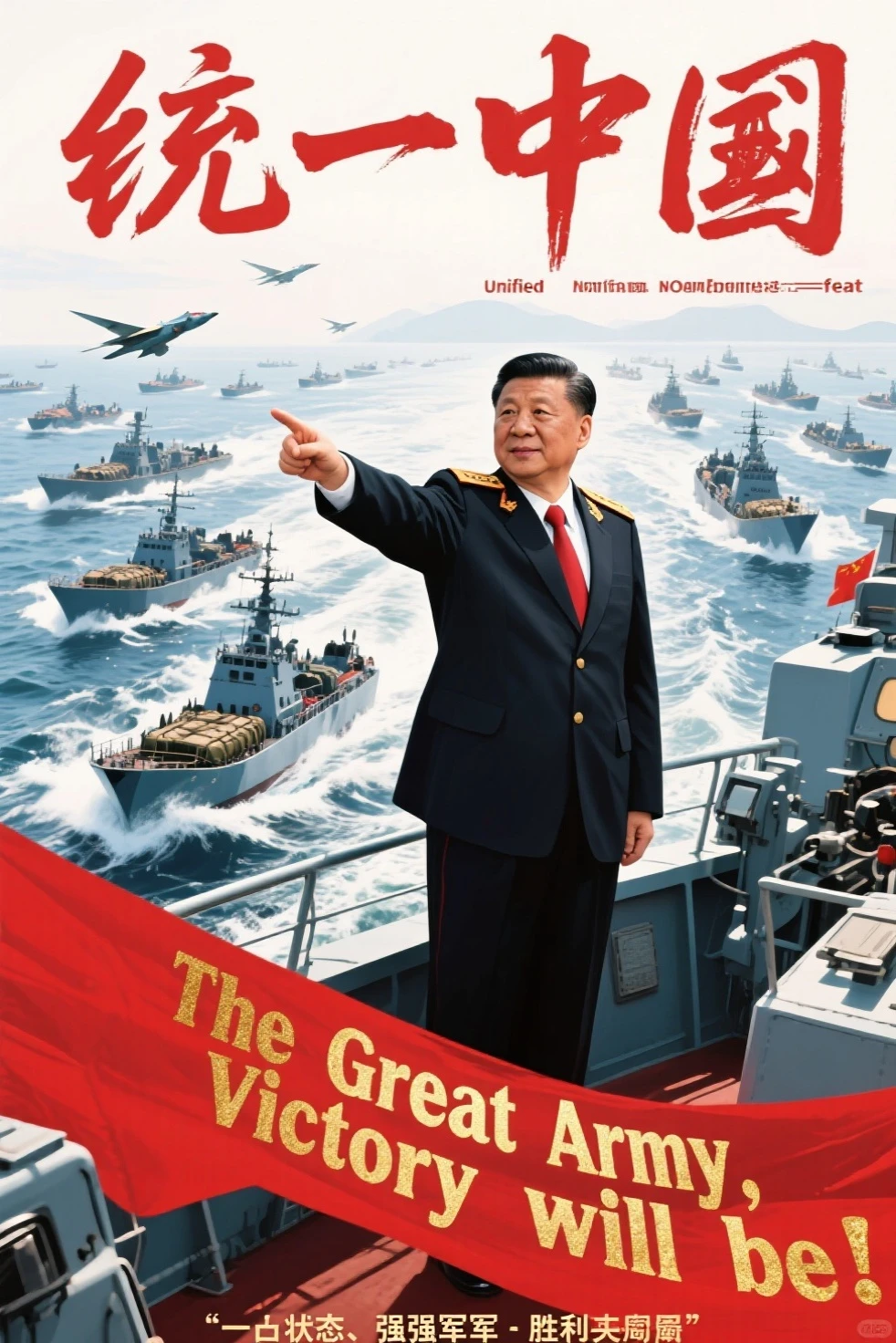 An aircraft carrier on the surface of the sea appears in the picture,Chinese fighters fly in the blue sky,Tanks move on land,Doves of peace are flying,Red flags flying,A crowd is celebrating,A festival,Ultra-wide angle, Wide-angle,Award-winning,Participate in competition work,(tmasterpiece:1.3),chineseidol,DF-41 nuclear missile from China