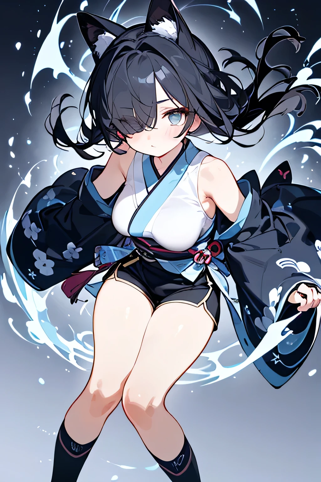 NINJA WIND,((Hair covering one eye)),mystical atmosphere, natural body,(Long-sleeved kimono+sleeveless+shorts+knee-high socks=Light blue ninja costume,), socks,detailed clothes,(slender figure,marshmallow breasts ,),beautiful black hair,well-groomed face,clear skin,Fair skin,Japanese face,