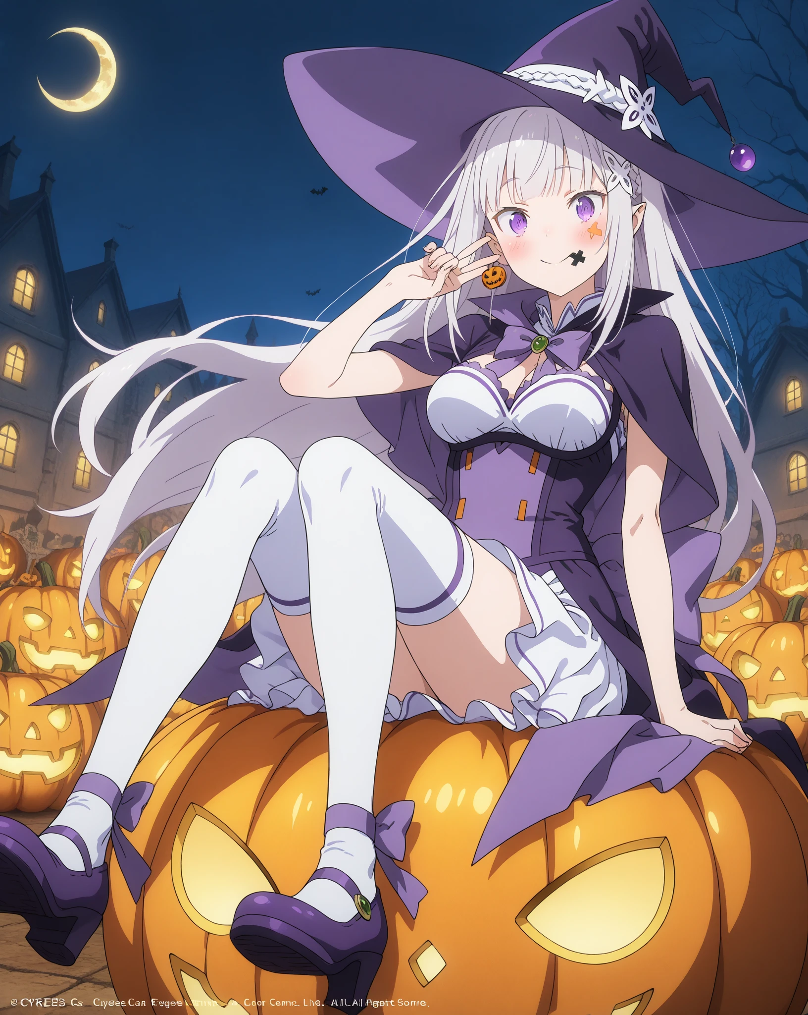 looking at viewert, The upper part of the body, neferpitou, hyper HD, A high resolution, mediuml breasts, Enchanting pose, rays of moonlight, lumnious, (((Smile))), navy((Blue Tops)), Short brown sleeves, borgar, the bats, pumpkins, halloween, Masterpiece, ccurate, Textured skin, Super detail, High details, High quality, Best quality