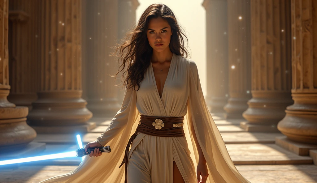 8K HDTV, photorealism, Star Wars, movie look, (head-to-knee height: 1.8), sand planet, in front of a domed house made of dirt, standing straight facing each other, wavy hair, relaxed look, detailed expression, sweaty skin, small and beautiful hard, disheveled clothes, white Jedi robe, holding a shining white lightsaber in your right hand, (Natalie Portman))))