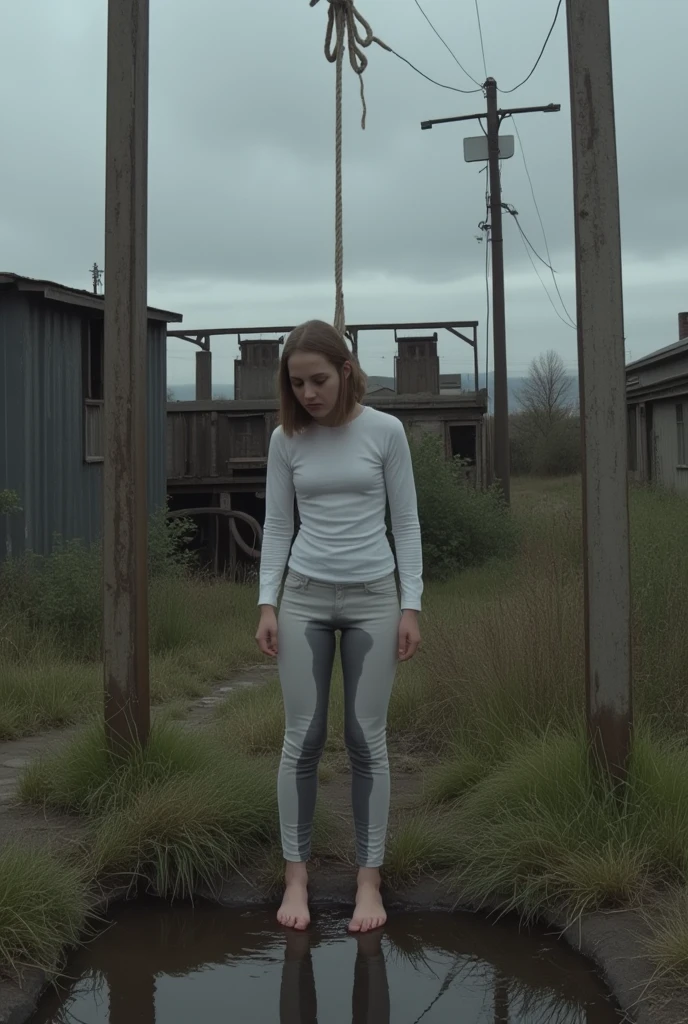 Hyper-realistic, ultradetailed, Raw, masterpiece. dark forest. 40-years-old woman is caught drowning in a quicksand sticky cement bog. The swamp sexually devours her body. ((on face: fright, depraved)). ((soaked muddy jeans)), (sweatshirt), shortness of breath, shameful, loses control of himself, ((Trapped in lust, defenseless)), Copper-red hair, sweat, hard breath
