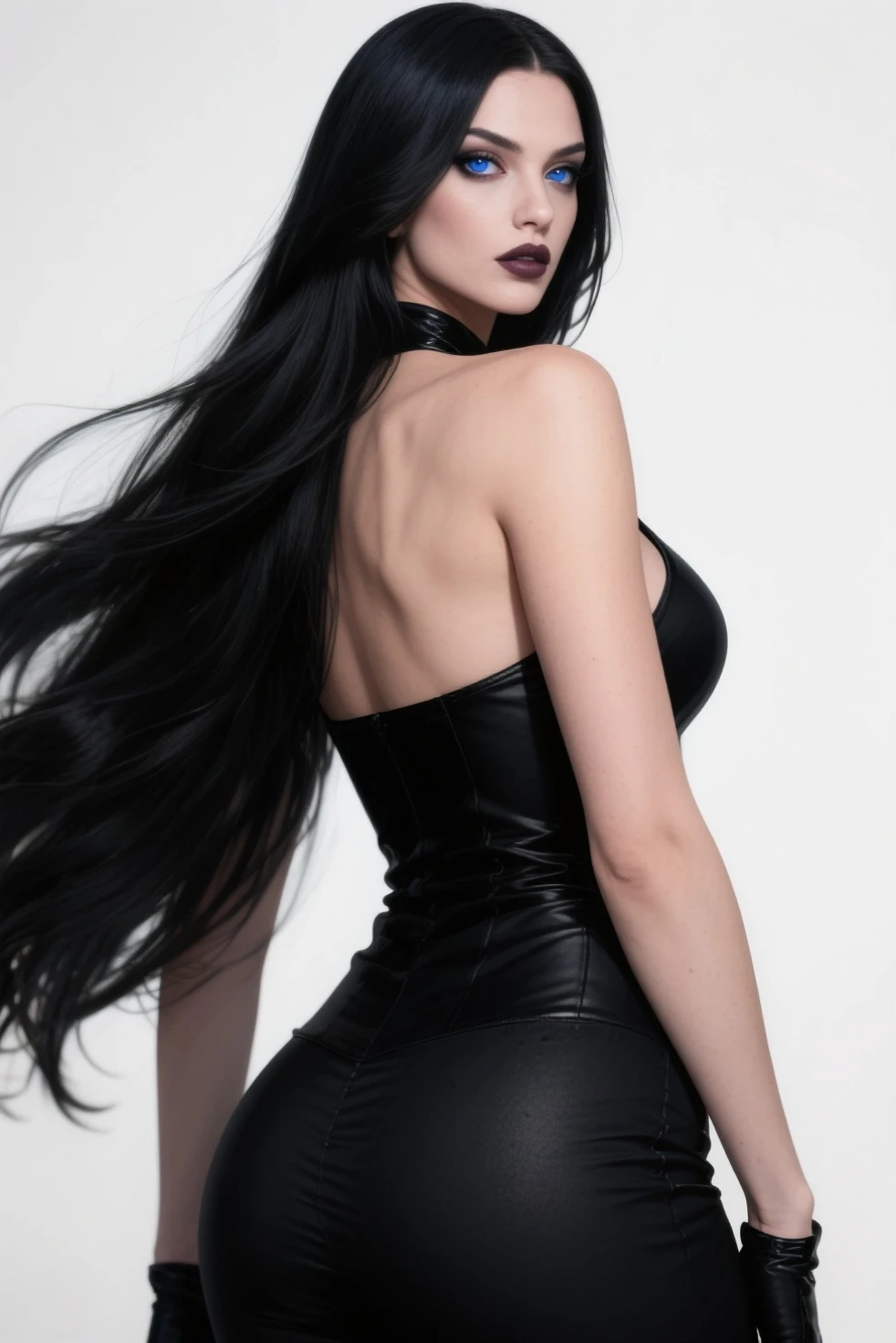 hyper realistic, 16k, best quality, masterpiece, (photorealistic:1.4), 1girl (alone), solo. Pretty young. Gothic aesthetic, goth makeup, black silky hair (realistic texture), hair fringe,  realistic eyes, pele-white skin, illuminated skin, realistic shading, (modern) black gothic dress (realistic textures), big hips, tights. waist up, dramatic lighting, from below, front, front view, multiple different poses at different angles, glowing skin, front, back lighting, athletic figure, muscular female, curvy, wide hips, colorful, looking at viewer, Hyperrealistic, gradient background, dark background, outline, cinematic lighting, (chromatic aberration, intricate details)