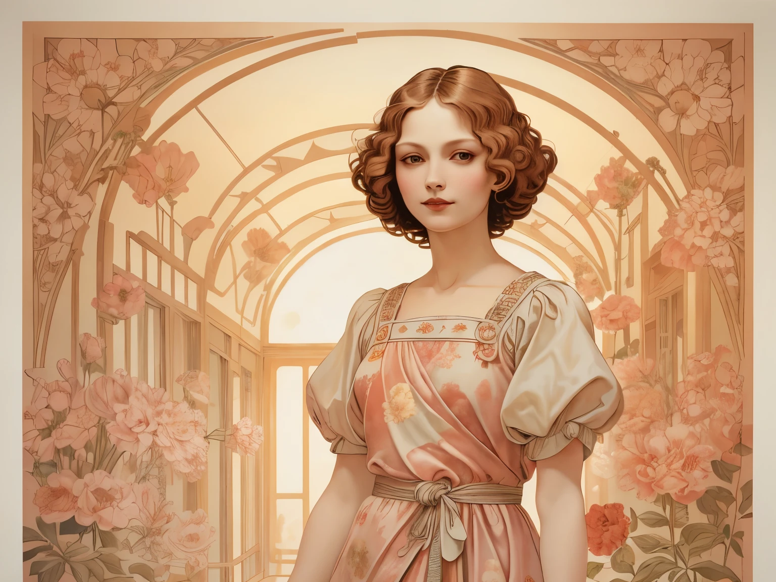 379 (20 year old women),(short hair),(gentle smile),(high quality photos),(Da Vinci ),(colorful floral dress),(A room with a large painting),((contrast between light and shade))