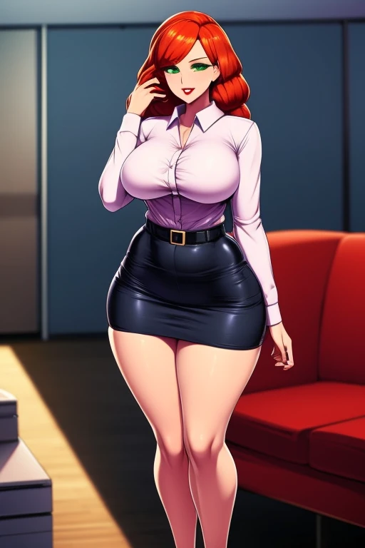 ((Masterpiece)), ((Best Quality)), Ultra High Resolution, HDR, absurderes, 8K, (1 girl), intricate details, ultra-detailed, dramatic lighting, blushing, smile, green eyes, short orange hair, bob hair, (wearing a white shirt, black skirt, tights), in a office, gorgeous girl, large breasts, gorgeous body, glossy skin, vivid colors, full body view, detailed illustration, detail background, shy, feminine, professional artwork, big thighs, beautiful face, anatomically correct face, cleavage