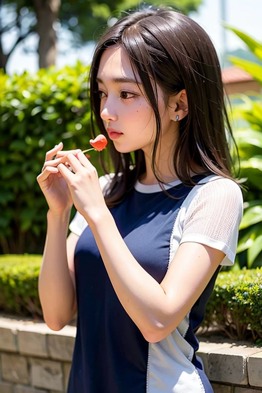 girlish, 12 years, sola, comiendo helado, sentada de frente, en un parque, cuerpo completo,  esbelta, hermosa, la mejor calidad, cinematography lighting,  bajo la lluvia, very humid wet. --auto