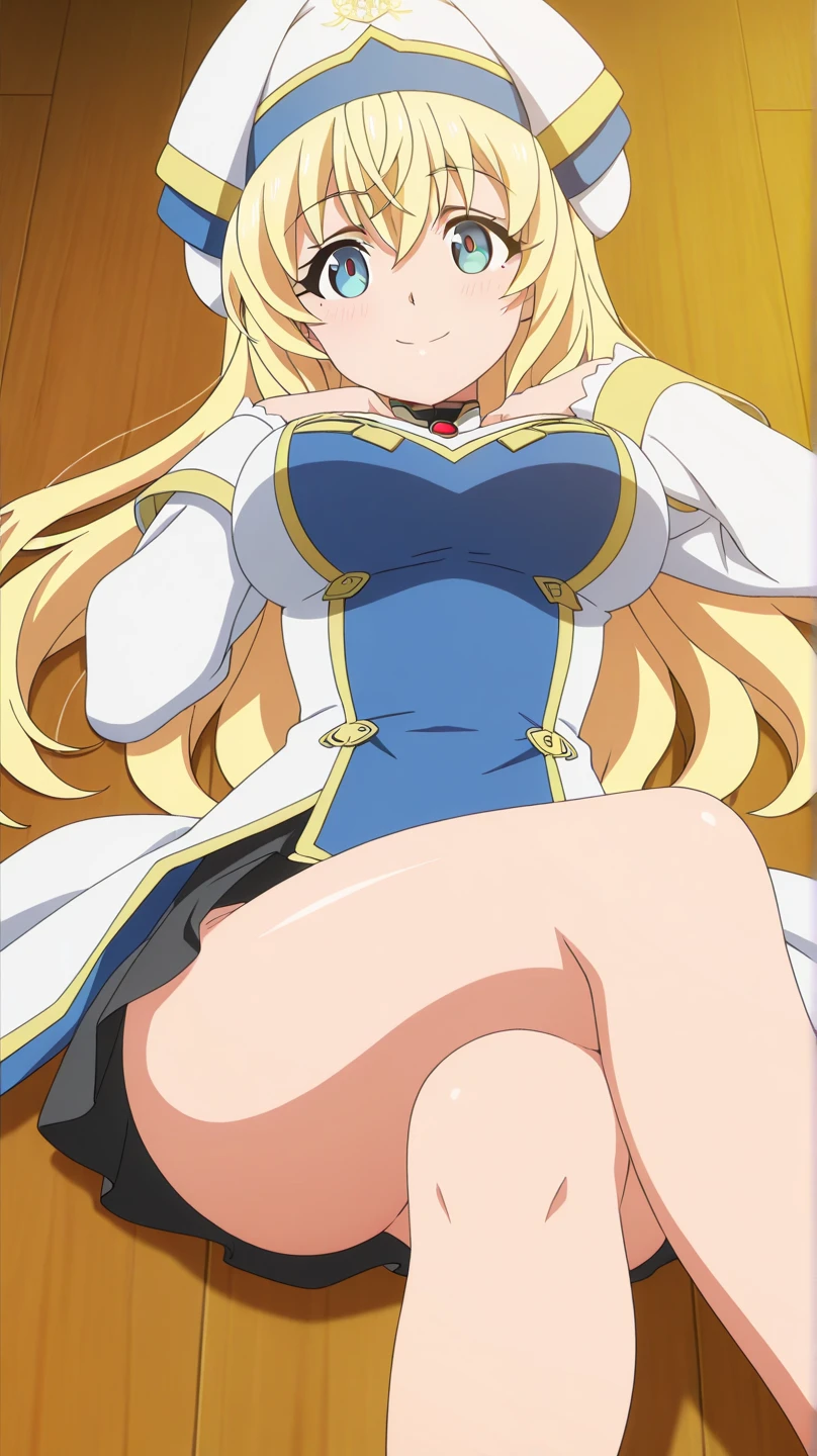squatting, white panties, (pov from below), angel wings, wings, BREAK corset, navel, skirt, blue skirt, garden background, astraea, anime cels style, best quality, high resolution, 1girl, (huge breasts:1.2), beautiful face, blonde hair, long hair, (red eyes:1.5), cowboy shot, smirking