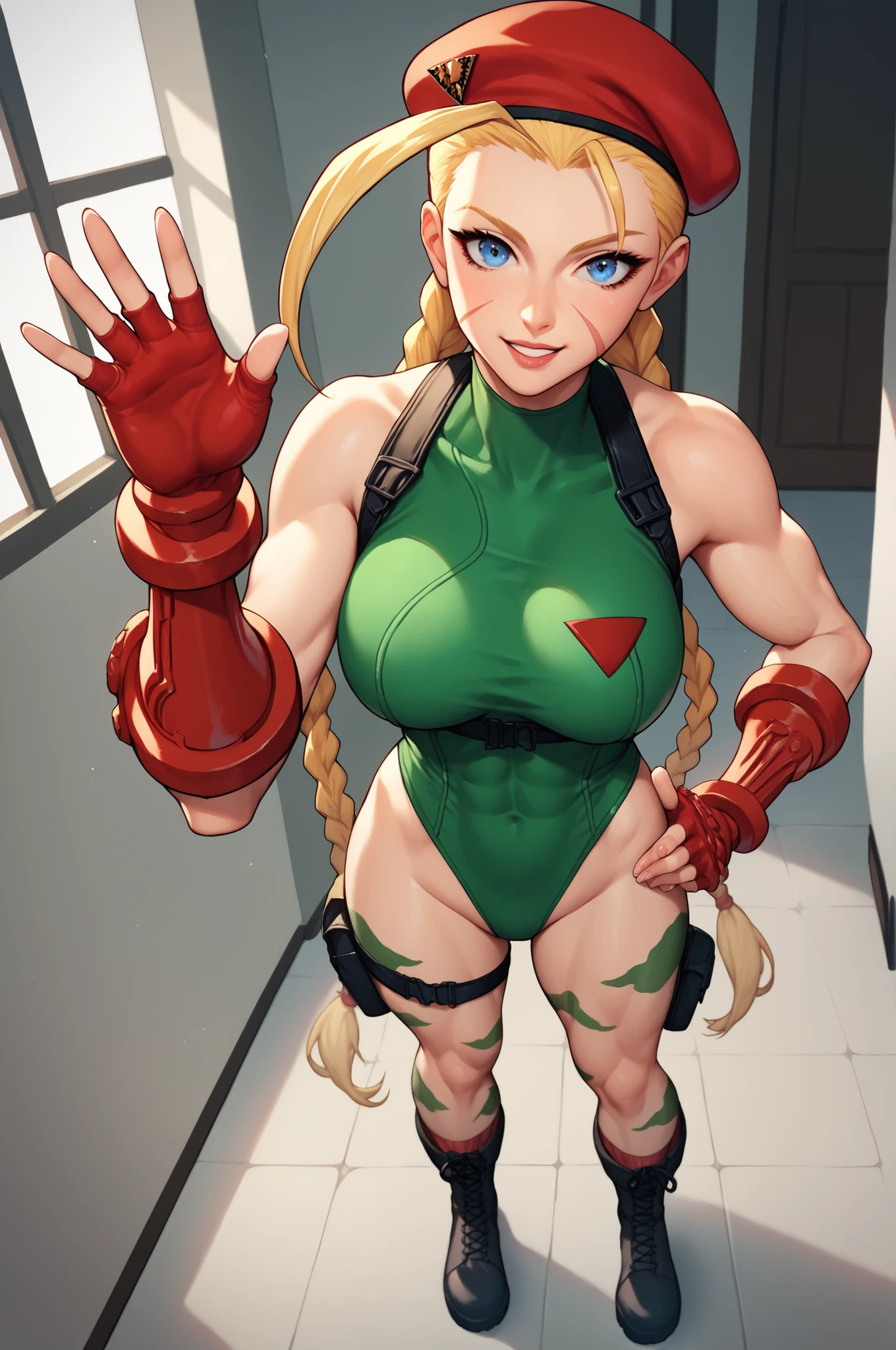 score_9, score_8_up, score_7_up, score_6_up, source_anime, BREAK, CammyWhiteSFXL, scar on cheek, blue eyes, blonde hair, long hair, twin braids, antenna hair, camouflage, red beret, large breasts, bare shoulders, green leotard, black harness, red gloves, fingerless gloves, black boots, solo, full body, standing, waving, seductive smile, looking at viewer, indoors