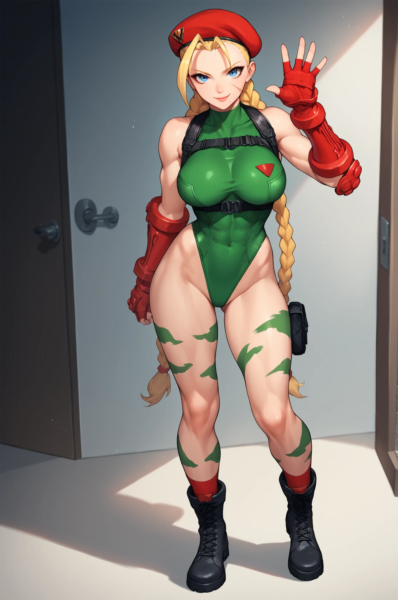 score_9, score_8_up, score_7_up, score_6_up, source_anime, BREAK, CammyWhiteSFXL, scar on cheek, blue eyes, blonde hair, long hair, twin braids, antenna hair, camouflage, red beret, large breasts, bare shoulders, green leotard, black harness, red gloves, fingerless gloves, black boots, solo, full body, standing, waving, seductive smile, looking at viewer, indoors