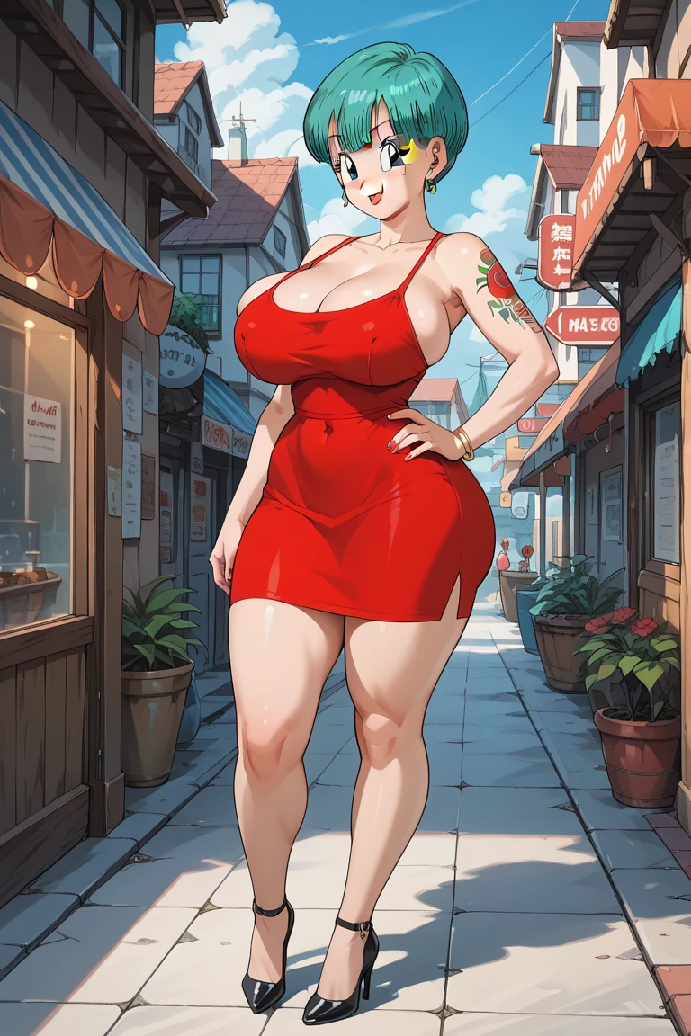 best qualty full body visto desde abajo ((cabello verde corto)). (( anime bulma dragon ball z)) (( vestido rojo)) mujer 30 years old, ((cabello azul corto)), (( con curvas)),(( una bufanda amarilla)) (( vestido muy corto)) (( piernas fuertes)), (( cintura muy angosta)) hay una mujer con un vestido rojo y una bufanda amarilla, vestido apretado, vestimenta ajustada, succubus in short tight dress, vestido sexy, faye valentine, linda chica con traje de tanque, skinvestido apretado, better known as amaranto, amaranto, He wears a bathing suit, usando ropa sencilla y ajustada, cintura delgada y caderas gruesas , alto detalle 8K, piel perfecta. 12K HDR