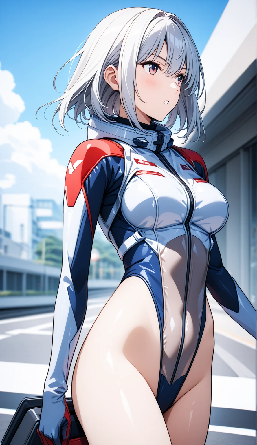 (masterpiece、8k、Ultra-delicate、hight resolution),(((Female Ultraman))),(((No muscles,large Boob))),(her head is tapering,The body is made of red and silver,The arms present a streamlined design,On the chest there is a round calculator,Looks tall and thin,The overall shape is streamlined、modern),(standing athletic pose),posed for photo,high-angle,city ruins,backgroung details,(((full body Esbian))),solo,(((Huge feeling))),NSFW,cameltoe,(Dynamic victory Pose:1.2),from below,groin focus,the morning sun,(Erect clitoris:1.3),((Open pussy:1.5))、(wet pussy:1.3)