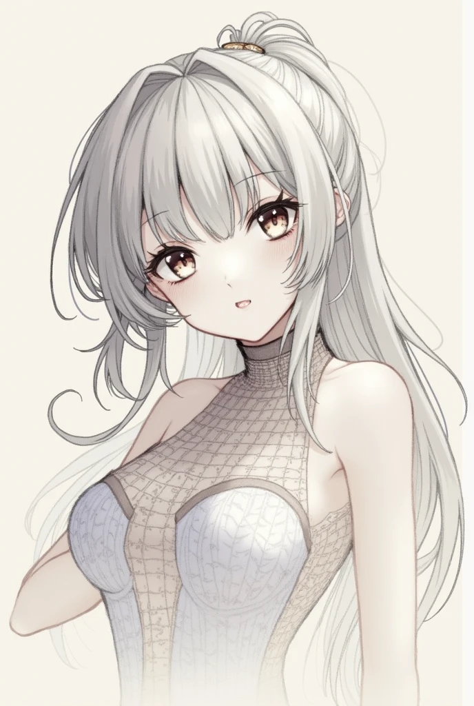 (masterpiece, best quality:1.2), solo, 1girl, kojosweater, smile, looking at viewer, twintails, grey sweater, virgin killer sweater, sideboob, cable knit, leg ribbon, demon tail