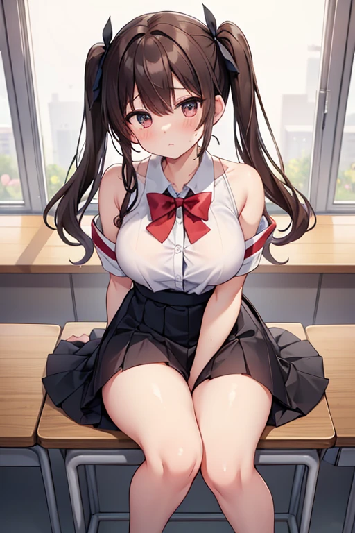 High detail, high quality, masterpiece, (small )), impatient pet pose, school classroom, legs spread