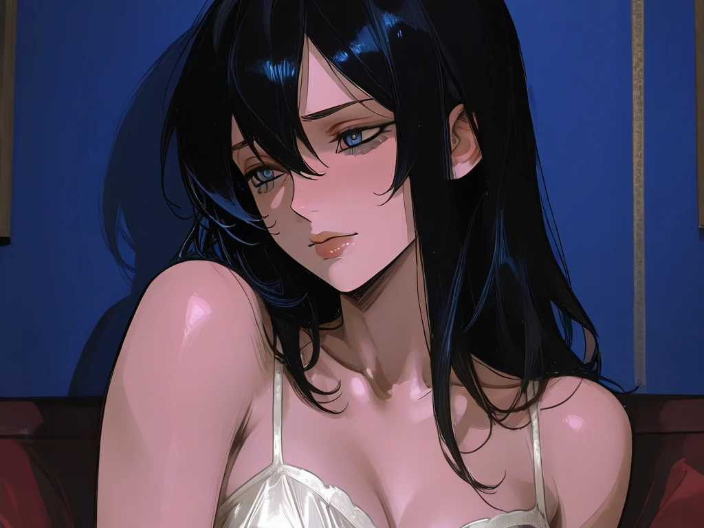 a dark girl with pale skin, piercing eyes, a haunting expression, poercing, lie on bed, highly detailed, dramatic lighting, cinematic composition, moody and atmospheric, dark fantasy, muted color palette, chiaroscuro