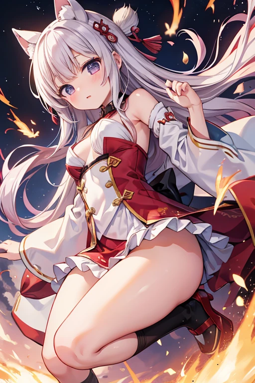 (Masterpiece), (Top Quality Anime Illustration), (Super Definition), One Girl, Solo, Silver-haired Beautiful Girl, Anime Loli, Cat Ear Loli, Red and White Priestess Costume, Lori Priestess, Smile, Cleavage Emphasis, Lower Breast Emphasis, Thigh Focus
