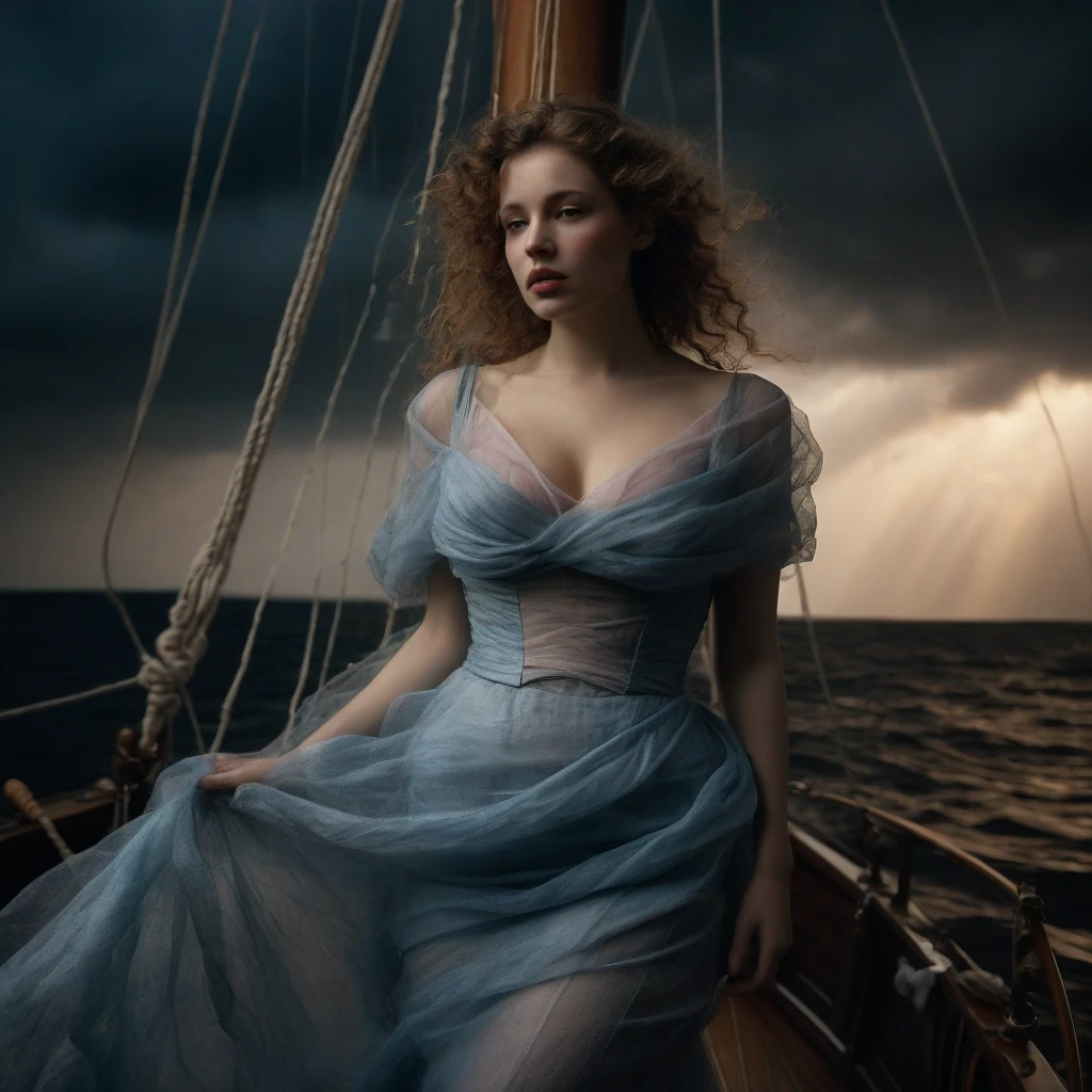 Photorealistic fantasy scene from a dream, mature voluptuous scaredl woman, just waking up sitting in her opulent decorated bed, timid, shy, surprised, tears, her filigree bed outdoors (drifting floating in the ocean), desperately holding on her filigree lace blanket, partially covered, one firm breast exposed, her long voluminous hair blowing in the strong wind, thunderstorm, (rough sea background, strong swell, heavy rain), tears, stunning captivating bright eyes looking at viewer