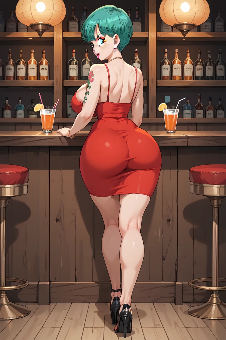(nsfw), realistic anatomy, (curvy woman), big breasts, big hips, (long legs, detailed, sensual), (bank skin), (hair, purple, short, asymmetrical), (red dress, sensual, fitted) , (marked thong,) (standing sideways), (showing her butt and bare legs), red strappy mid-calf heels), (in a bar), (with cold lighting), (holding a glass of wine), (flirtatious look towards the viewer)