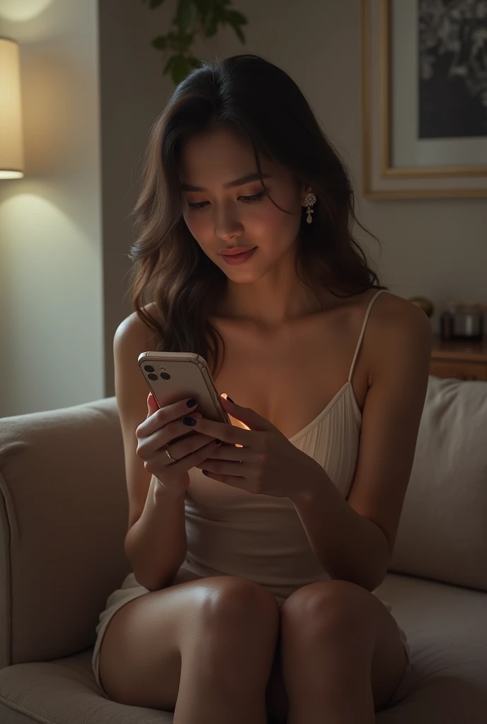 A beautiful girl lying on the bed pressing phone smiling and a text from her boyfriend called ademi❤️ telling her I love you on the
