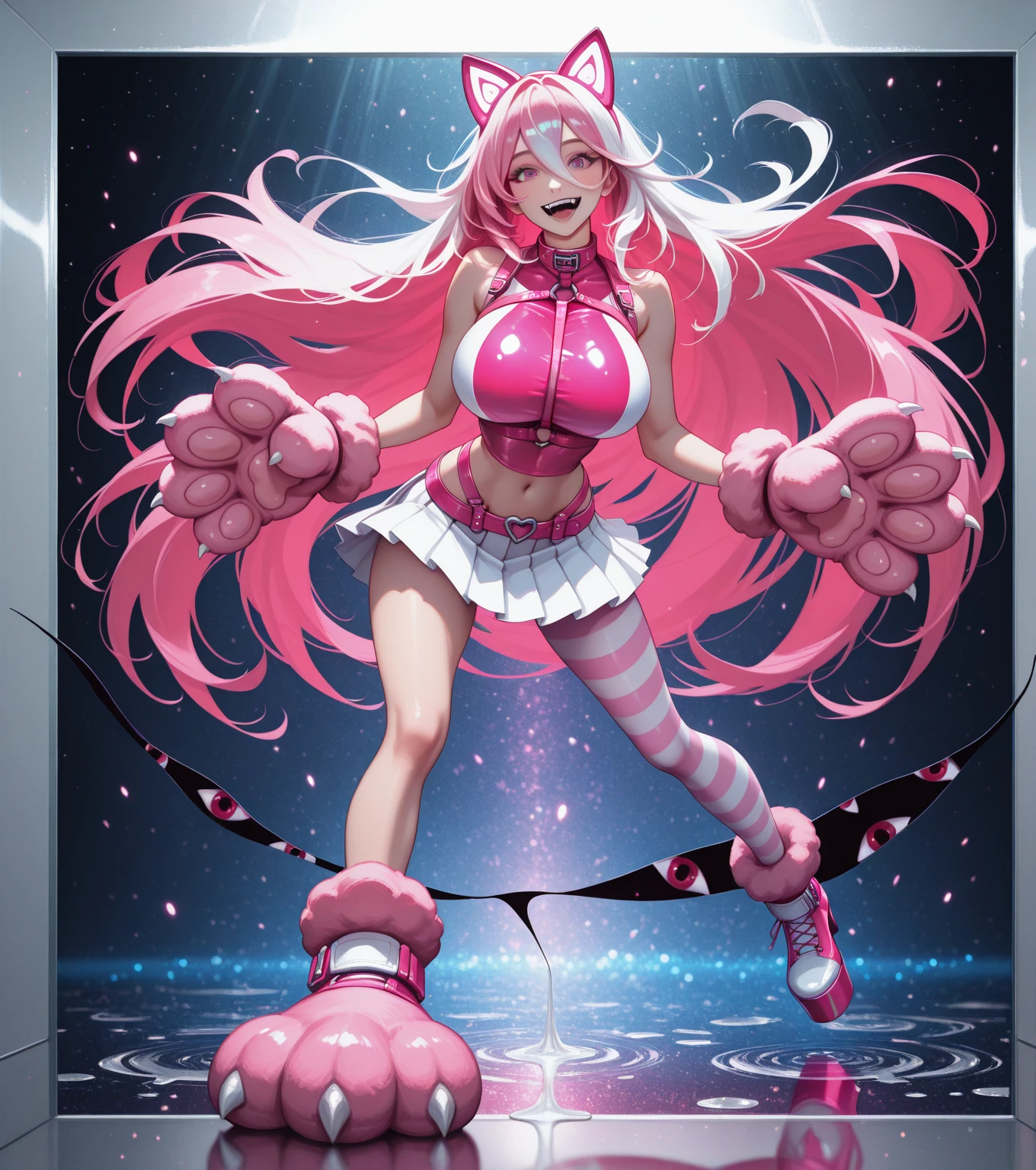 (best quality, 4k, highres, masterpiece:1.2), sexy bunny girl (full body), anime style, vibrant colors, shiny latex outfit, playful expression, long ears, fluffy tail, seductive pose, dynamic lighting