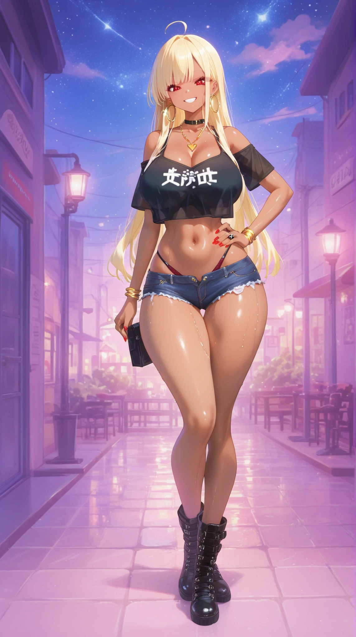 1girl,  (((bimbo))),hoop earrings, puffy lips, painted lips, thick lips. 
blonde hair, short twintails, wide hips, thick thighs, perky breasts, bursting breasts, Nightlife, Night city, Cyberpunk city, futuristic cityscape. Neon lights, (skyscraper:1.1), Tokyo tower, palm tree, cloth sign, ramen stall, night club. bright city lights, exotic car. alcohol, bar, ramen, soup stall ,alcohol bottles, stomach blush, nipple slip, rounded stomach, pubic tattoo, underbelly tattoo, pussy peek, gym shorts, sexy dolphin shorts, low hanging shorts,