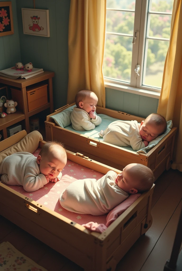 ((best quality) (detailed), perfect face, the triplets sleep peacefully in a crib, a 2kg girl and two 3kg boys, blondes, vibrant colors, love, peace, SMOOTHNESS, fragile