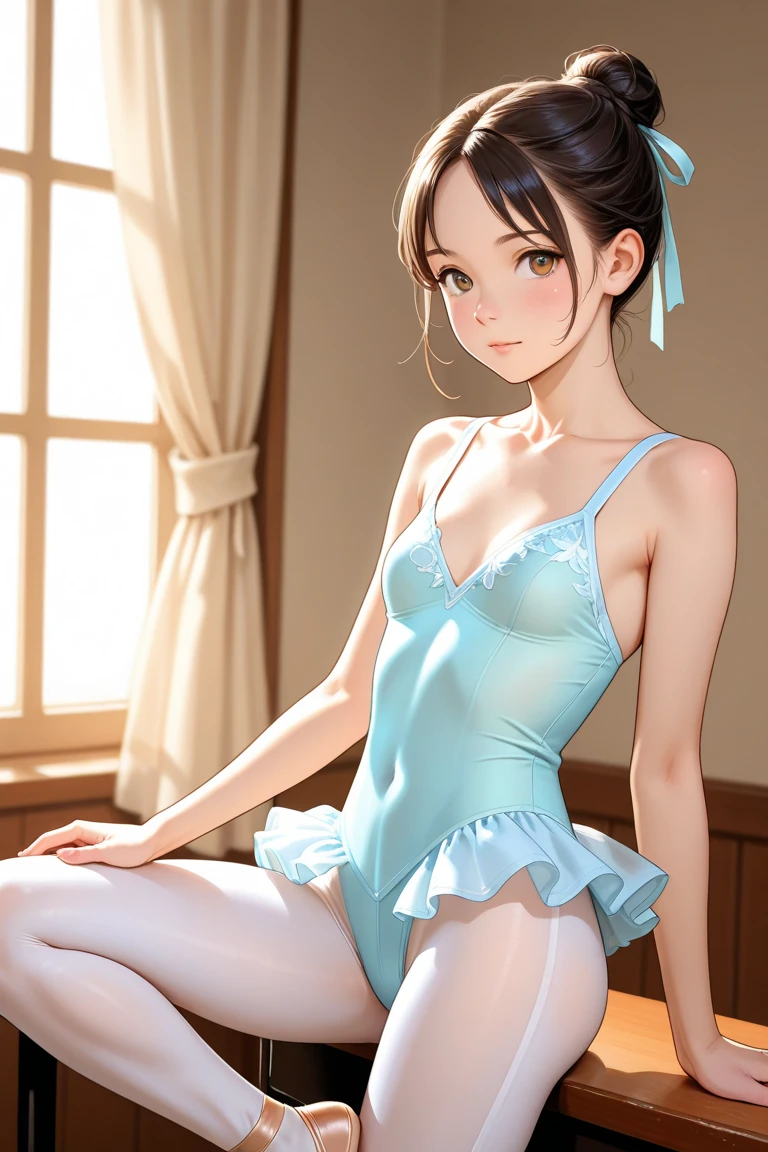 masterpiece, best quality, illustration, high resolution, game cg, 1girl, high ponytail, shiny hair, medium breasts, narrow waist, glossy lips, good lighting, beautiful detailed eyes, detailed face, ballerina, standing, leotard with tutu, pantyhose, 30 year old woman, MILF