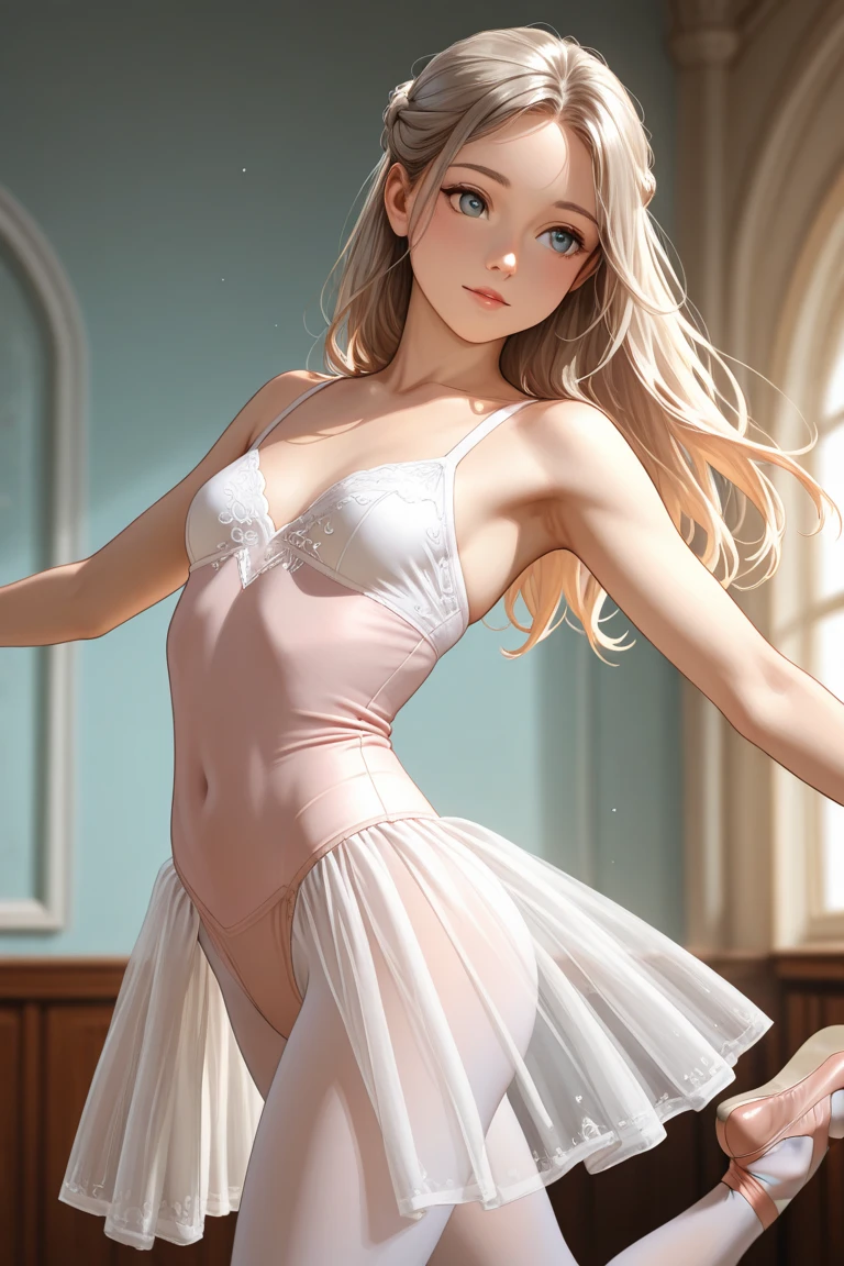 QUITTERIE RAFFAELI, LONG HAIR, BLONDE HAIR, TWINTAILS, PURPLE EYES, HAIRBAND, white SKIN, white-SKINNED girl, JEWELRY, EARRINGS, 1girl, solo, masterpiece, illustration, game CG, absurdres, highly detailed, dance hall, ballerina, tutu, sexy outfit, white plataform high heels sandals, white  straps arround the anckles going up all the way to the thighs , all fours, full  body shot, side shot, looking back at viewer