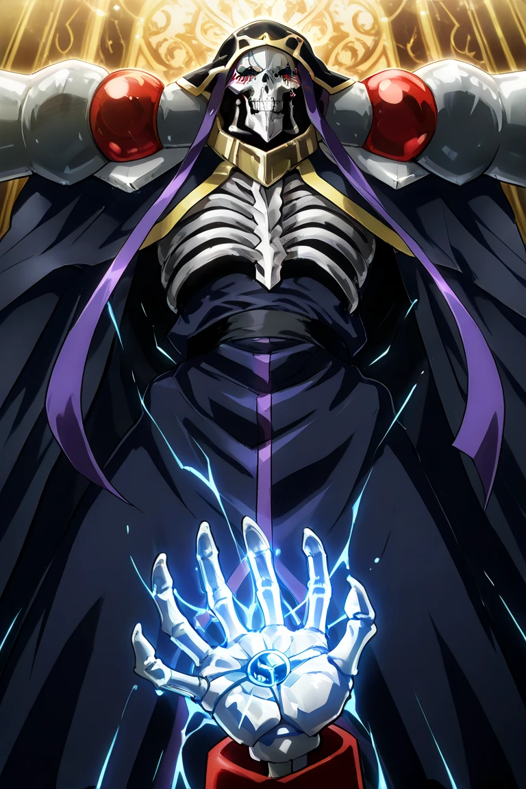 Anime, Male, one_person, black_robe, Skeleton Background_darkpalace, blue_glowing_eyes, wielding_a_scythe, chainmail_robe, surshana, holding_a_scythe, detailed, skeleton_face, undeads_in_the_Background, Scythe, Ainz,