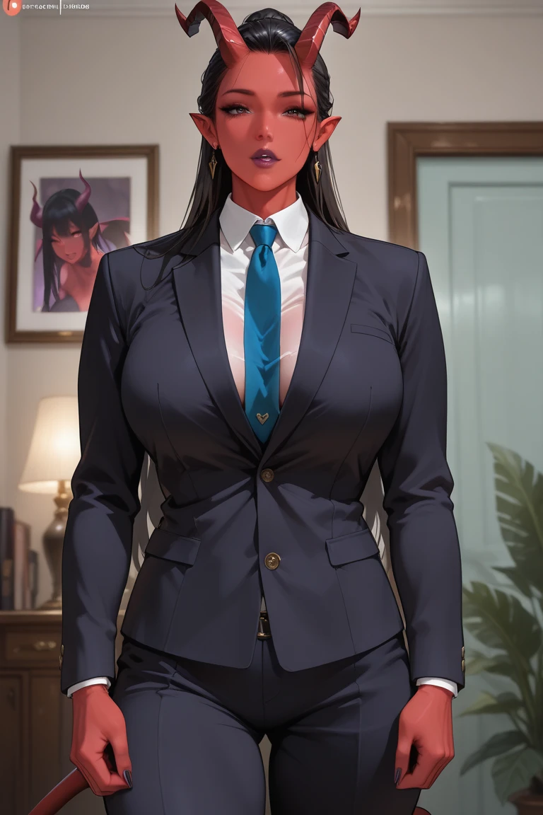 Busty black haired  female with a black governmental suit, cleavage, full body shot, navel, blue eyes
