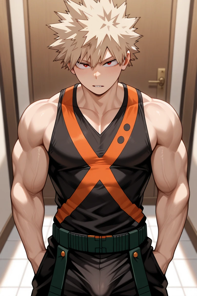 Bakugo Katsuki《My Hero Academia》, Wear black sweatpants，Topless, Smile, Bodybuilder,Extremely muscular， in fitness