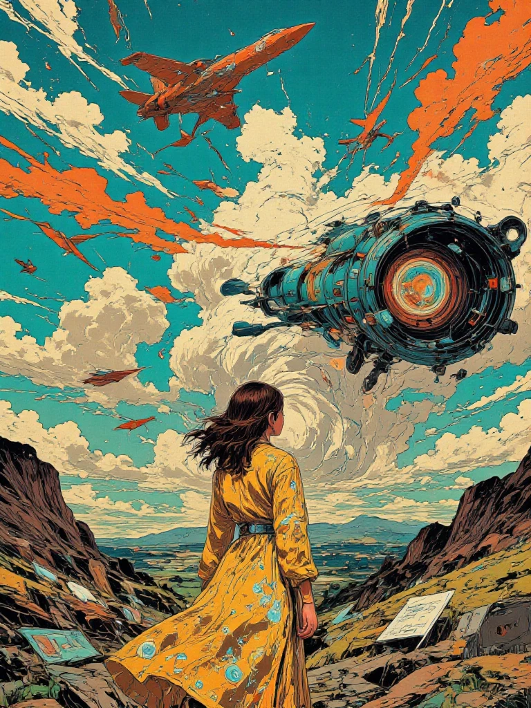 Explosive 1970s pulp chaos: Pulp Fiction, Pop Art, Industrial Rock, Textures: cracked varnish over ink-smudged mimeographs, glitter glue drips, celluloid film strips warped by heat into Salvador Dalí curls. Staple-gunned chaos: a psychedelic neon-orange typewriter key through a storm of shattered mirror shards and Soviet propaganda fragments. Color clash: electric lime, rancid mustard, and cathode-ray tube blue vibrate against sepia decay. Glitch effects: analog TV static fuzzes edges, VHS tracking lines slice through a floating hamburger ad. Sticker-bombed slogans (‘Buy Nothing’ / ‘Plastic Paradise’) peel over disco-ball fractals. Composition: no center—every inch fights for attention. Ethos: A visual riot where consumer trash becomes anarchic art. Medium: literal glue-stick rebellion, with visible tape seams and coffee-stained edges. Torn vintage ads (aspirin commercials, disco flyers, TV dinner boxes) colliding with surreal cut-outs—a Locomotive Train running through the Mountains, Mountainous Terrain, a Dadaist eyeball nested in a geodesic dome. Layers of yellowed newspaper text bleed into paisley vortexes and halftone galaxies.
Surrealism,  
A surrealism photo of a woman in a dress is surrounded by paper airplanes,1girl,solo,long hair,brown hair,black hair,dress,sky,cloud,aircraft,airplane,jet,fighter jet,origami,paper airplane,paper crane , realistic, realism, photorealism, hyperrealism, hyperrealistic, realistic, sharp, detailed, cinematography style, film light style, movie still,  professional photography, artistic, perfection, contrast, cinematic, filmic, high quality photo,  8k quality, colorful, photography style, absurd, bizarre, eerie, fanciful, fantastic, ludicrous, monstrous, odd, outlandish, preposterous, ridiculous, strange, whimsical, wired, disturbing, surrealist, surrealism style, Andre Breton style, expressive, dramatic, organic lines and forms, dreamlike, mysterious, Surrealism