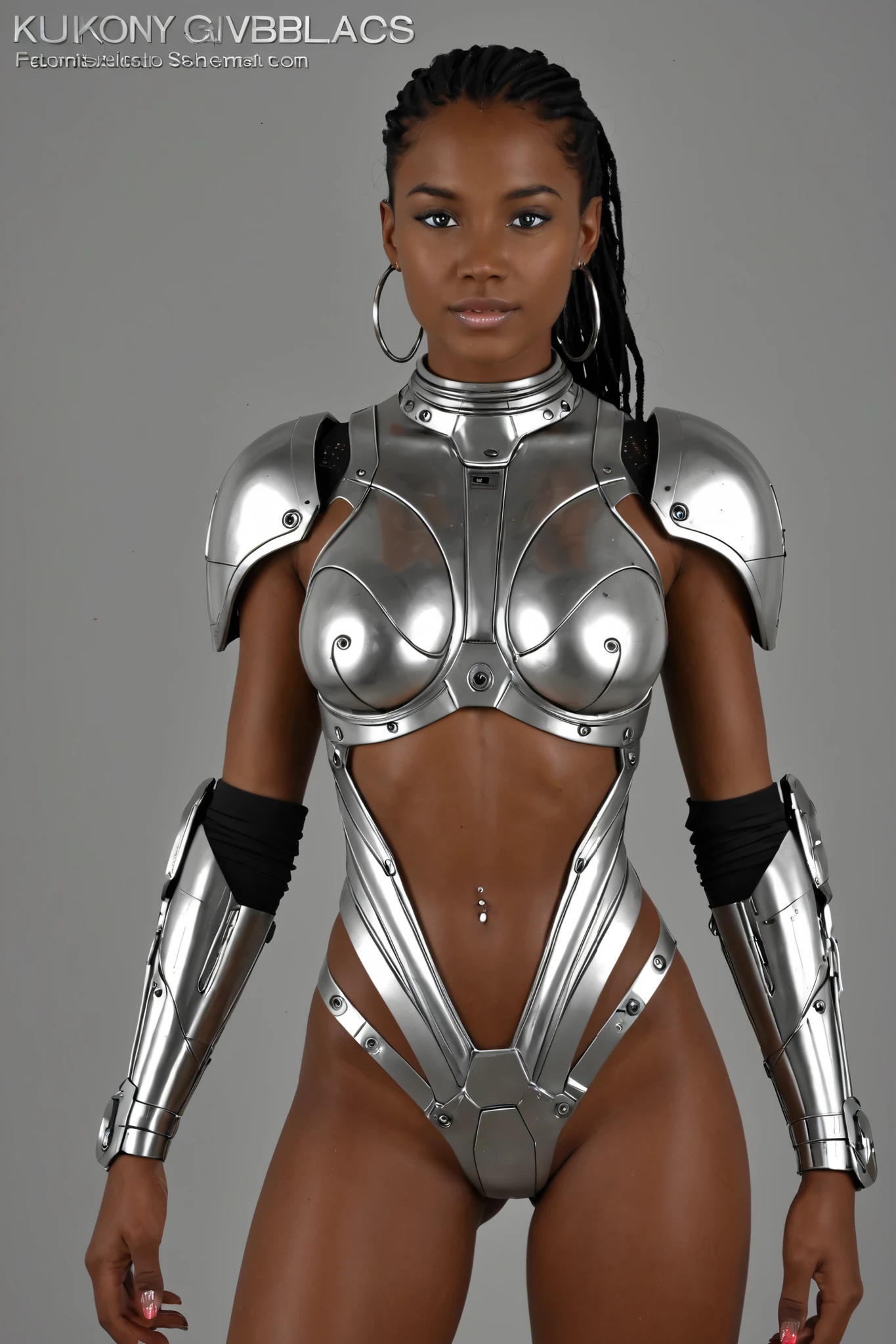 dark skin, hourglass figure,  metallic parts, science fiction, mechanical parts, cybernetics, exposed wiring