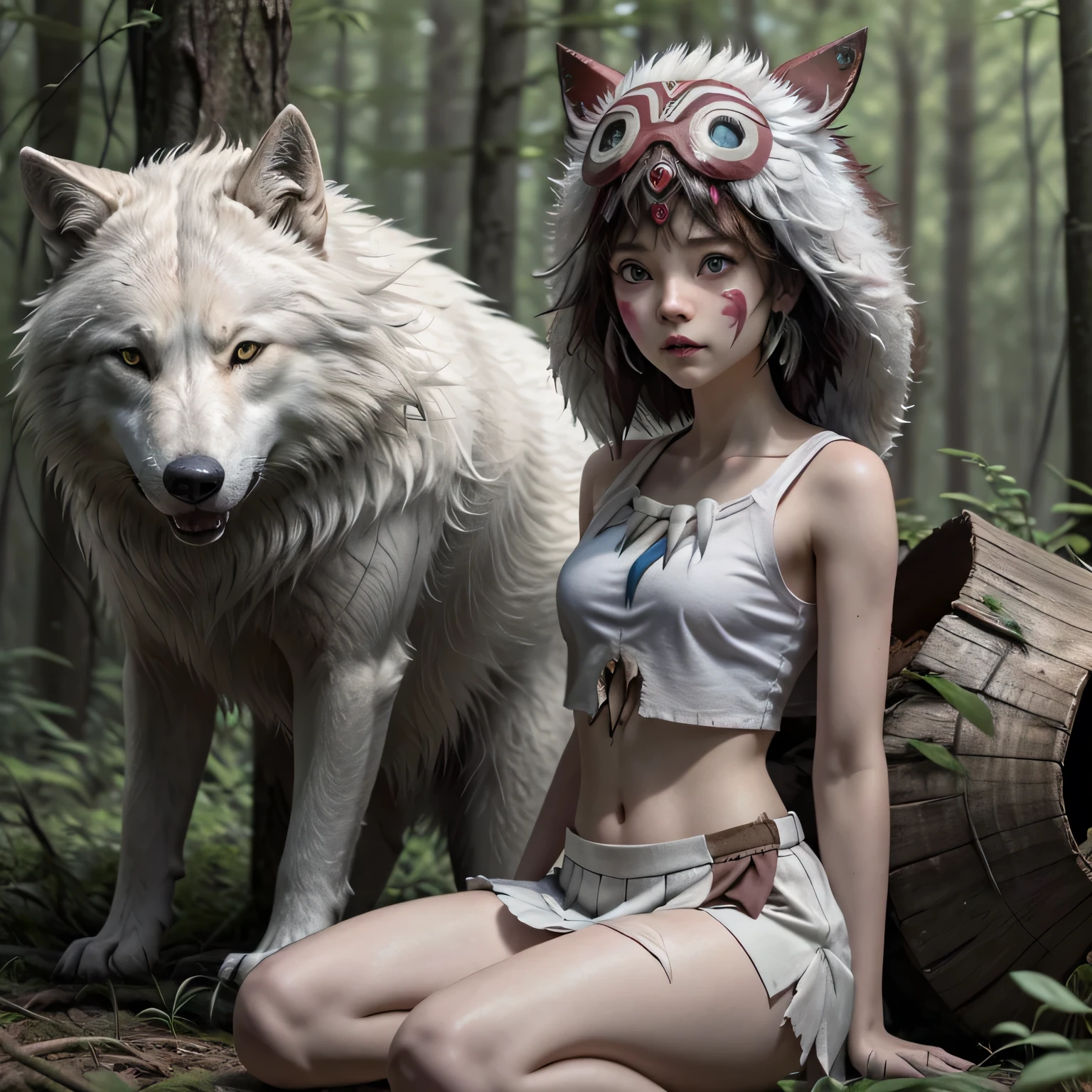 (Masterpiece), best quality, 8k wallpaper, Super detailed, young beautiful girl,, highest quality, 1girl, dark short hair with bangs, beautiful face, (13-years-old), wearing a thin white skirt, a torn white crop top (showing naked breasts underneath), and wolf mask on her head (princess mononoke style), she is sitting on a tree stump in the forest, with a large white wolf lying next to her, studio ghibli style mononoke,, princess mononoke, photorealistic style, short stature, perfect proportions, model is seen from a distance, thin thights, narrow hips,